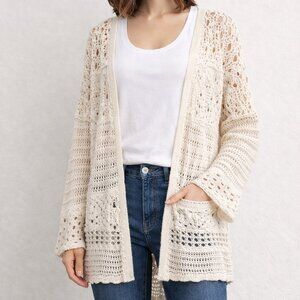 Lucky Brand Crochet Cardigan Women’s M Cream Open Front 100% Cotton Boho